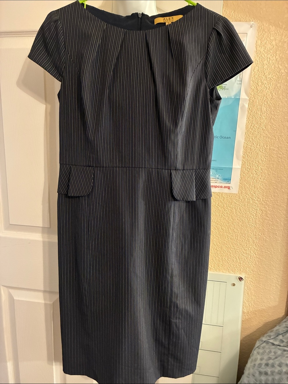 NWOT Alex Marie Navy Pinstripe Cap-Sleeve Sheath Dress